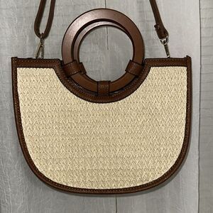 CEE KLEIN Ivory Brown Faux Leather Straw  Woven Round Handle Crossbody Bag